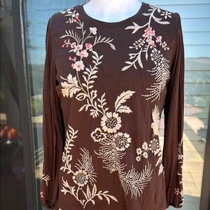Johnny Was Brown Graphic embroidered floral long sleeve Blouse